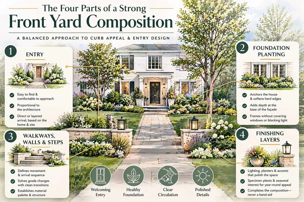 Infographic: A well-designed front yard feels cohesive from the first step in. This illustration highlights how entry design, foundation planting, structural hardscape, and finishing details work together to create a welcoming and polished arrival.