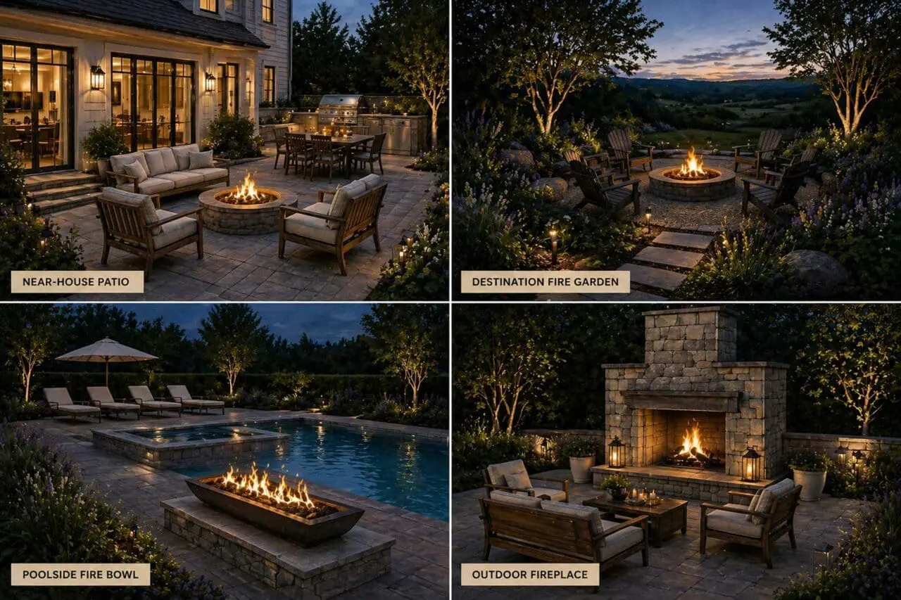 Infographic: Four fire feature placement options show how patios, garden destinations, pool terraces, and outdoor fireplaces can each create a distinct gathering space within the landscape.