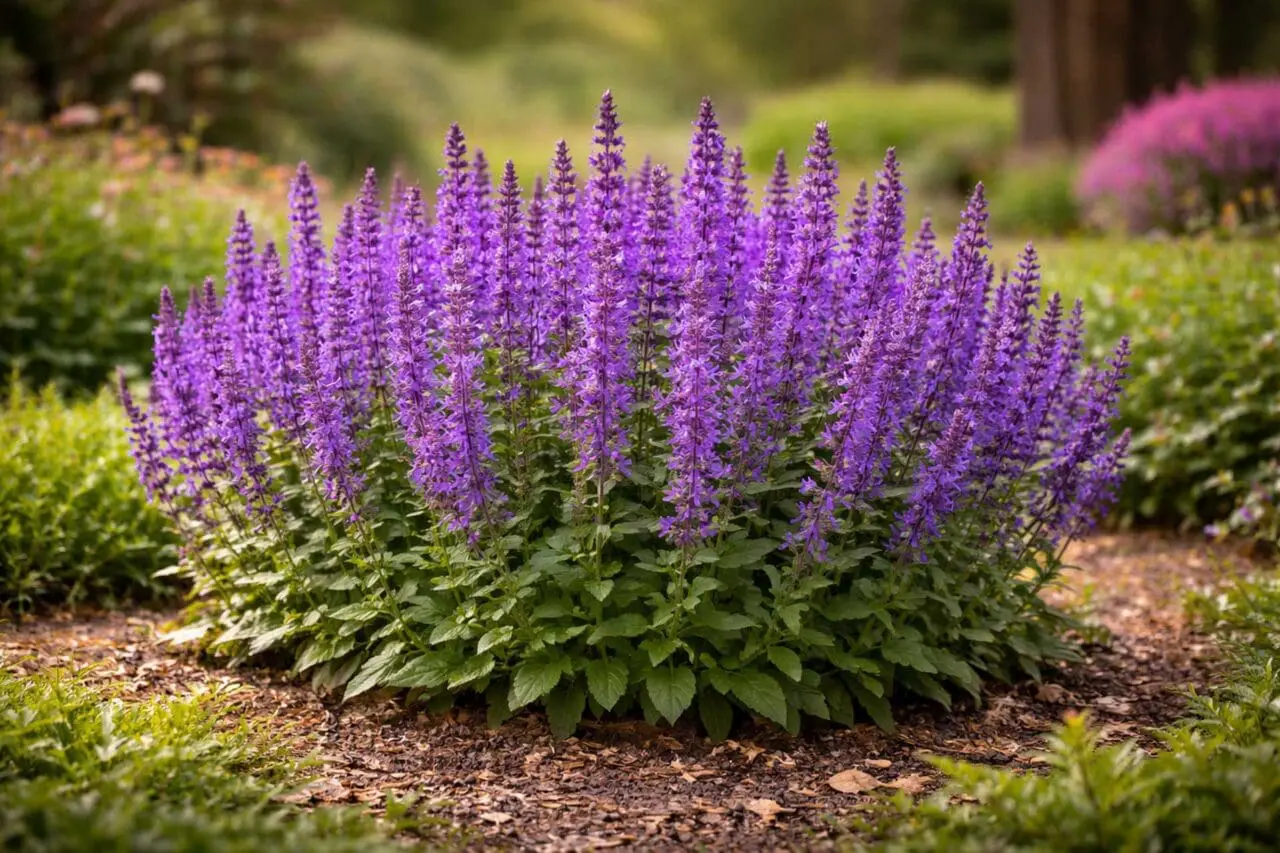 Salvia features tall spikes of vibrant flowers and fragrant foliage that pollinators love but deer typically avoid.