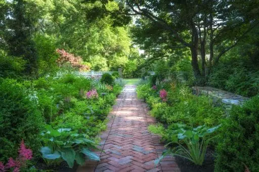 A herringbone brick garden path winds through layered perennial plantings beneath mature trees, showing how hardscape and landscaping can work together naturally.