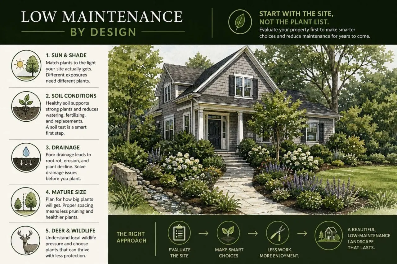 Infographic: A refined Boston-area garden scene showing the key site factors behind a low-maintenance landscape, including light exposure, soil health, drainage, mature plant size, and local wildlife pressure.