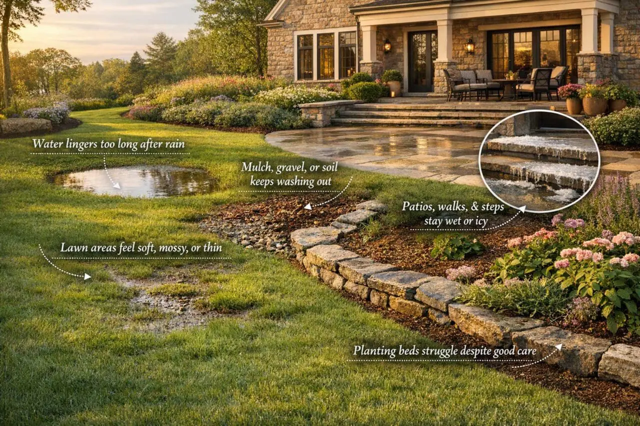 Infographic: This landscape highlights five common residential drainage problems, including standing water, washout in planting beds, thinning turf, wet or icy hardscape, and plant stress caused by overly saturated soil.
