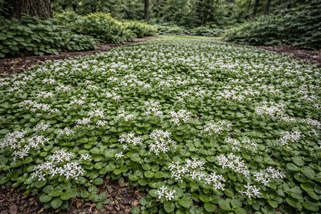 Woodland stonecrop is a native ground cover suited to shady areas, with low succulent foliage and clusters of small white flowers.