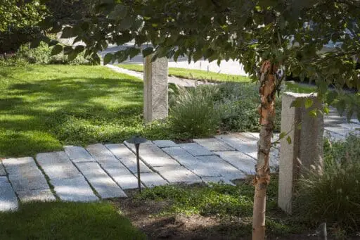 A gently curving stone path leads through layered garden plantings, showing how circulation can feel natural while still giving the landscape clear structure.