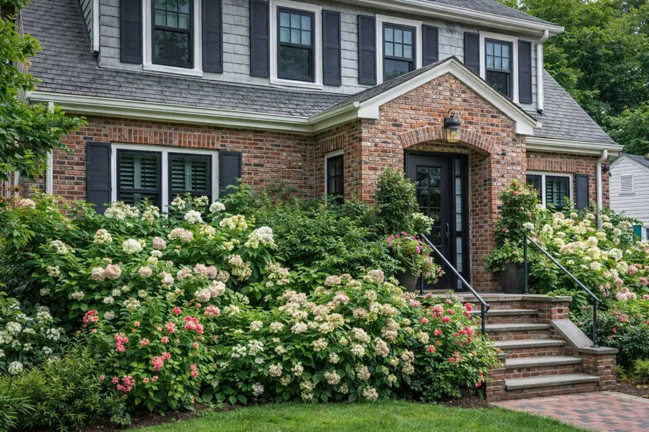 Dense foundation plantings have grown too closely together, crowding the entry and partially covering windows.