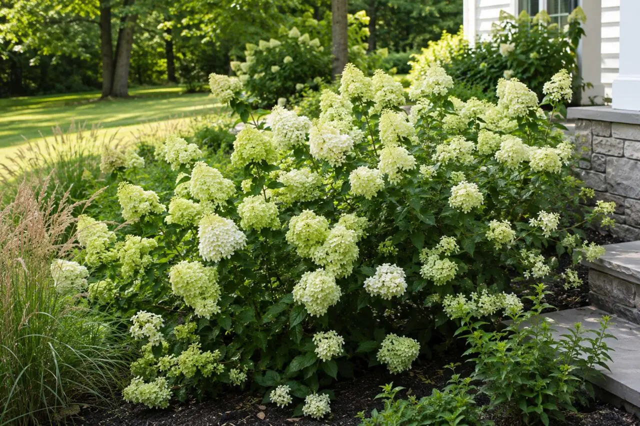Little Lime® Hydrangea: A compact form of Limelight® featuring abundant lime-green flower clusters that gradually turn cream, pink, and burgundy.