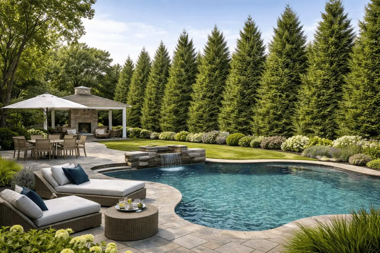 A mature stand of Eastern Red Cedar creates a lush, year-round privacy screen, enclosing this resort-style backyard with layered plantings and refined outdoor living spaces.