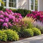Pink and magenta rhododendrons anchor a layered foundation garden, showing how spring flowers, evergreen structure, and generous spacing can create an attractive planting for a Boston-area home.