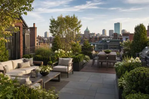 Boston, MA - An elegant urban rooftop terrace featuring layered gardens, comfortable lounge and dining areas, and sweeping views across the city.