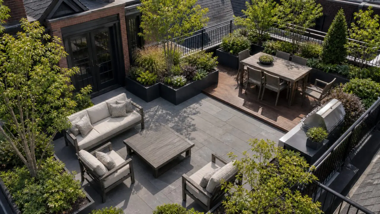 Boston, MA - A finished Boston rooftop terrace with distinct dining and lounge areas, restrained planting, and views across the city.