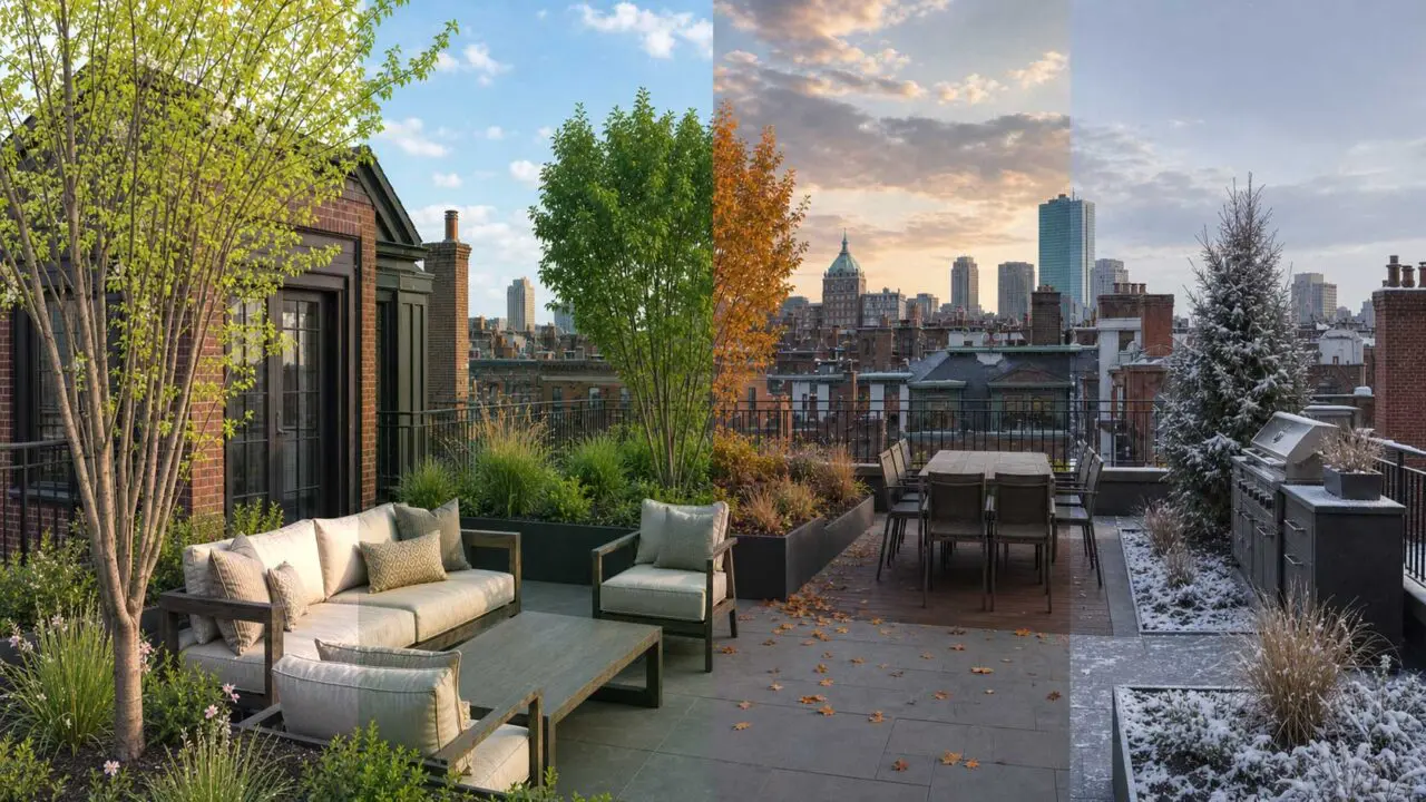 Boston, MA - The Boston rooftop terrace changes through spring blooms, lush summer foliage, rich autumn color, and the quiet structure of a snow-dusted winter garden.