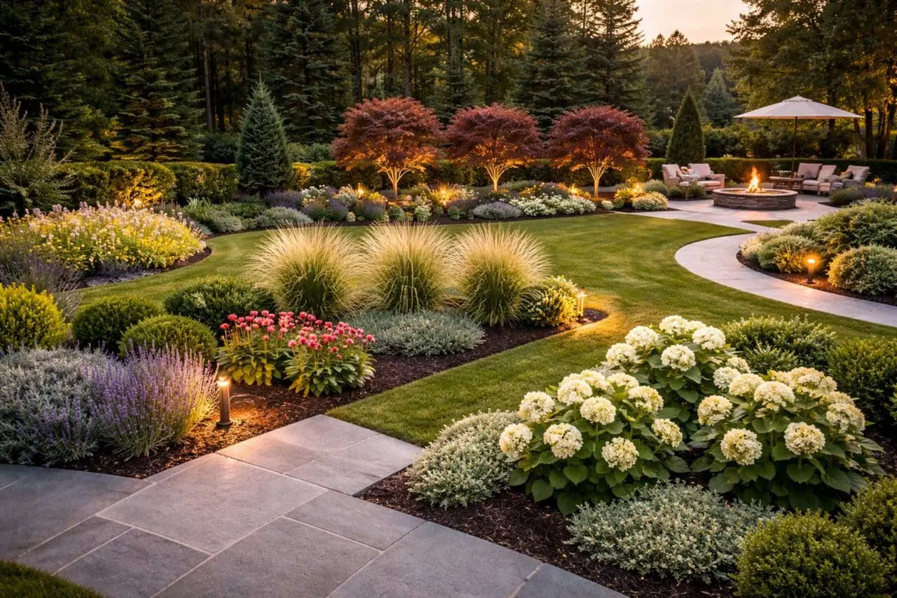Grouped plantings in threes create a natural sense of balance and visual flow, guiding the eye through this thoughtfully designed landscape.
