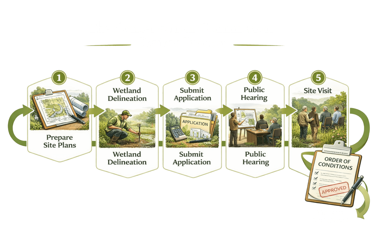 Infographic: Massachusetts Conservation Commission review process outlining the typical steps for projects near wetlands, from determining jurisdiction and preparing an application through public review, permitting, and final approval.