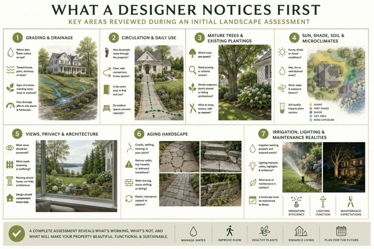 Infographic: A landscape assessment helps reveal the details homeowners often miss, from drainage and circulation to mature trees, hardscape, lighting, irrigation, privacy, and long-term maintenance needs.