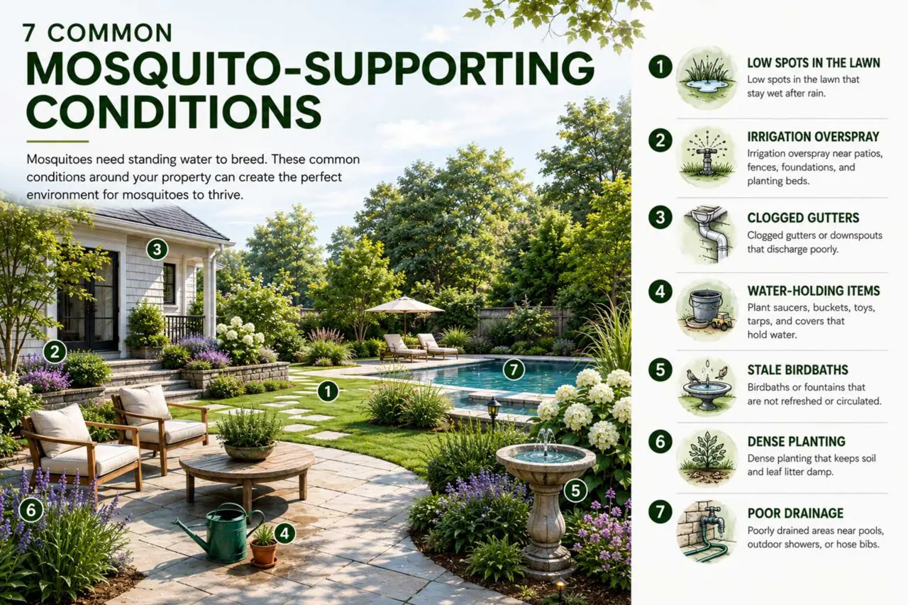 Infographic: Seven common mosquito-supporting conditions around a New England property, including standing water, irrigation overspray, clogged gutters, dense planting, and poor drainage.