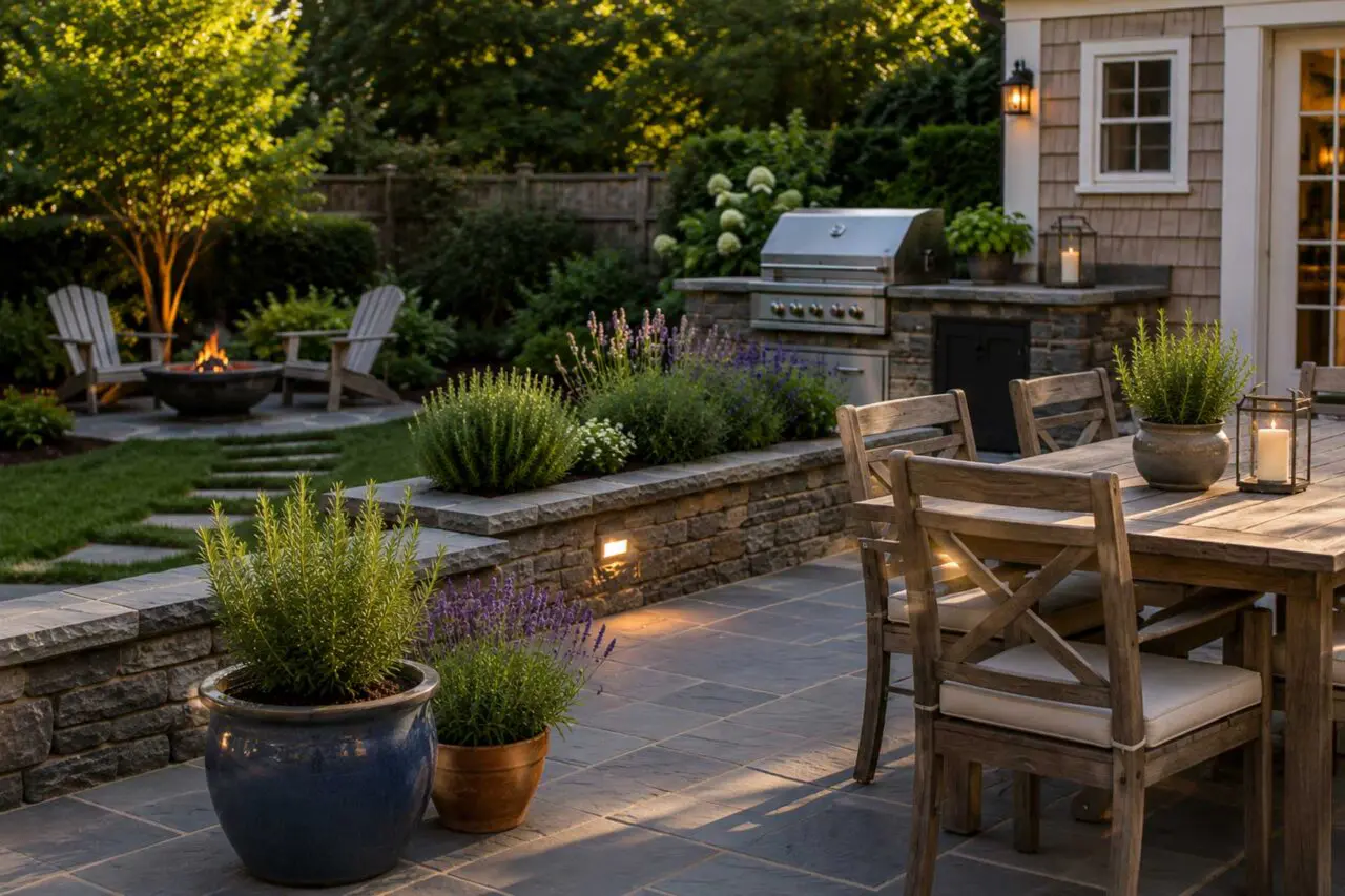 A lush backyard with a stone patio, pool, outdoor kitchen, fire feature, and layered planting designed for comfortable summer outdoor living.
