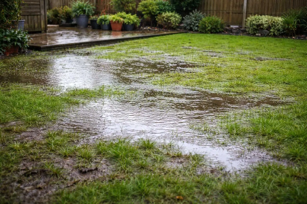 Water pooling on a Dover bluestone patio shows inadequate surface drainage, leading to settlement and long-term hardscape damage.