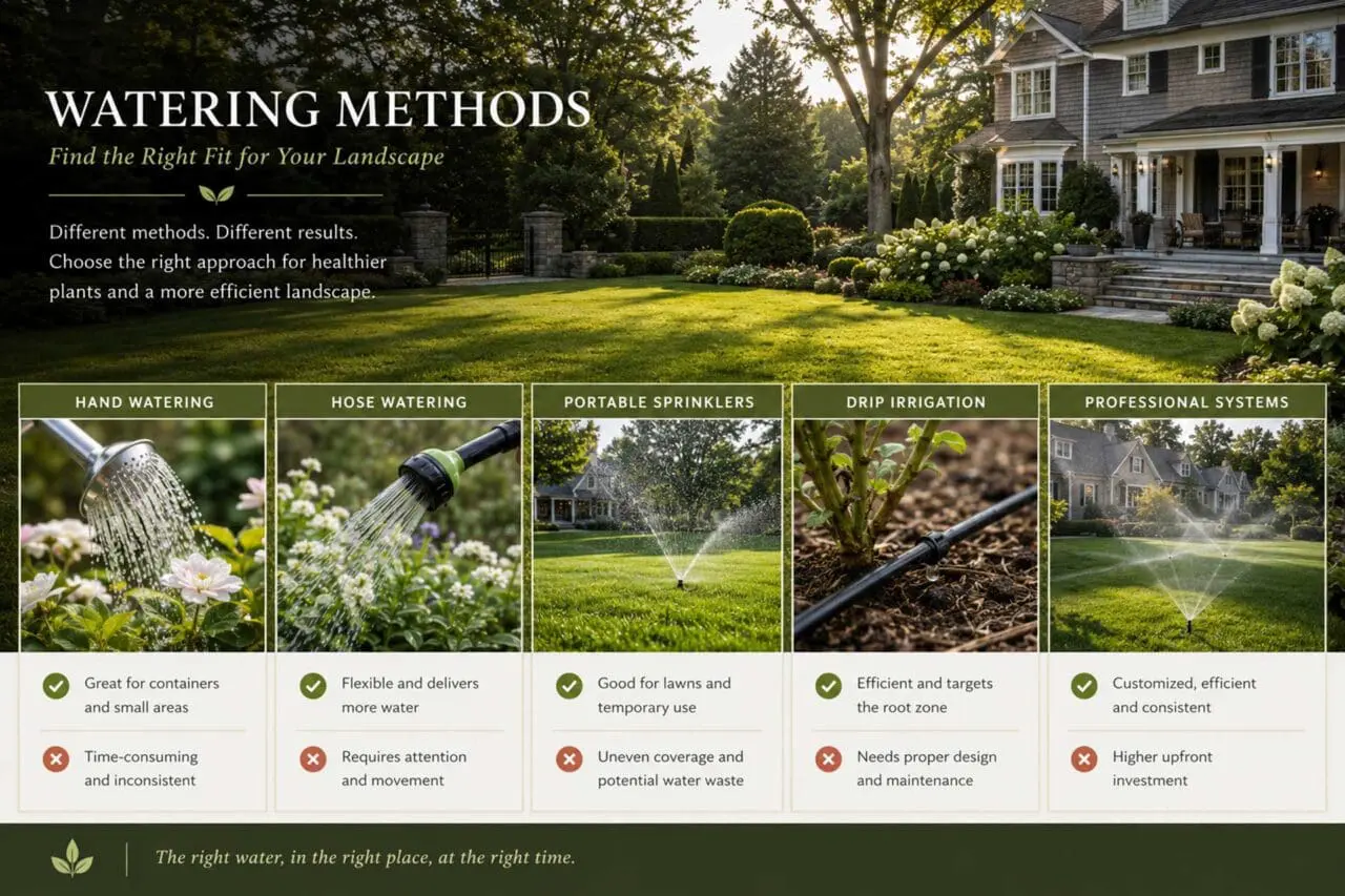 Infographic: Comparison of common landscape watering methods, including hand watering, hoses, sprinklers, drip irrigation, and automated irrigation, with the benefits, drawbacks, and appropriate uses of each.