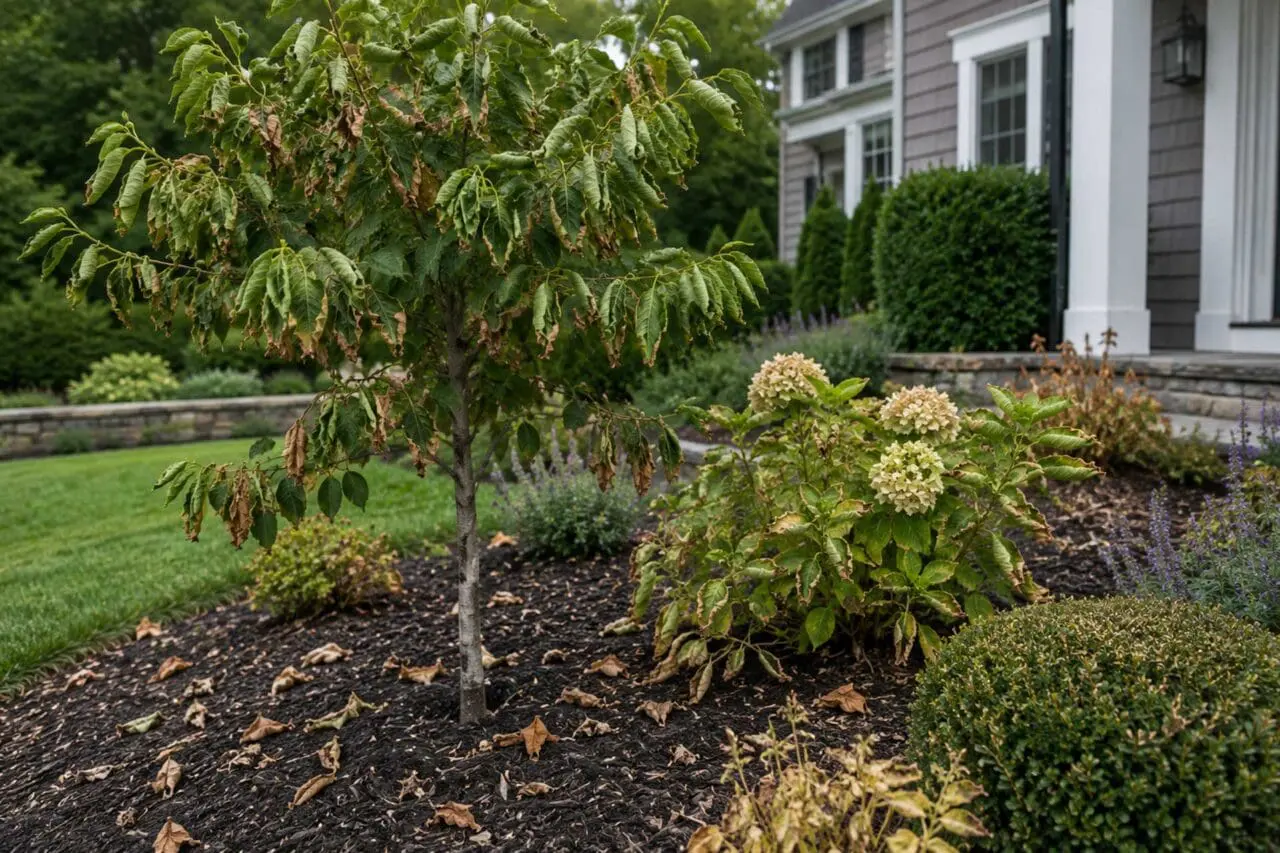 New England front yard landscape with wilting leaves, curling foliage, and premature leaf drop on newly planted trees and shrubs.