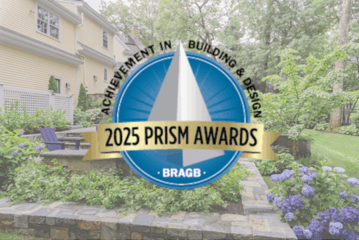2025 BRAGB PRISM Awards graphic over a Wellesley residential landscape with stone walls, hydrangeas, and mature garden plantings.