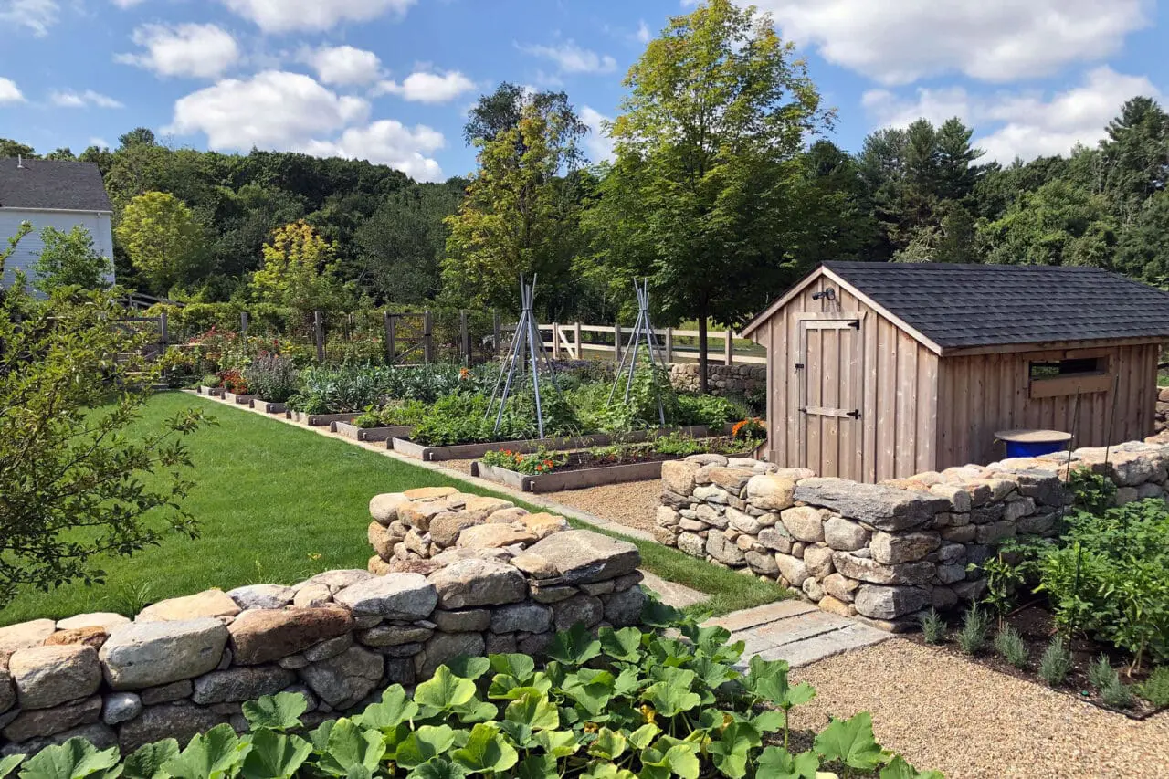 Carlisle, MA - A simple garden shed anchors the kitchen garden, providing storage while reinforcing the estate’s working landscape aesthetic.