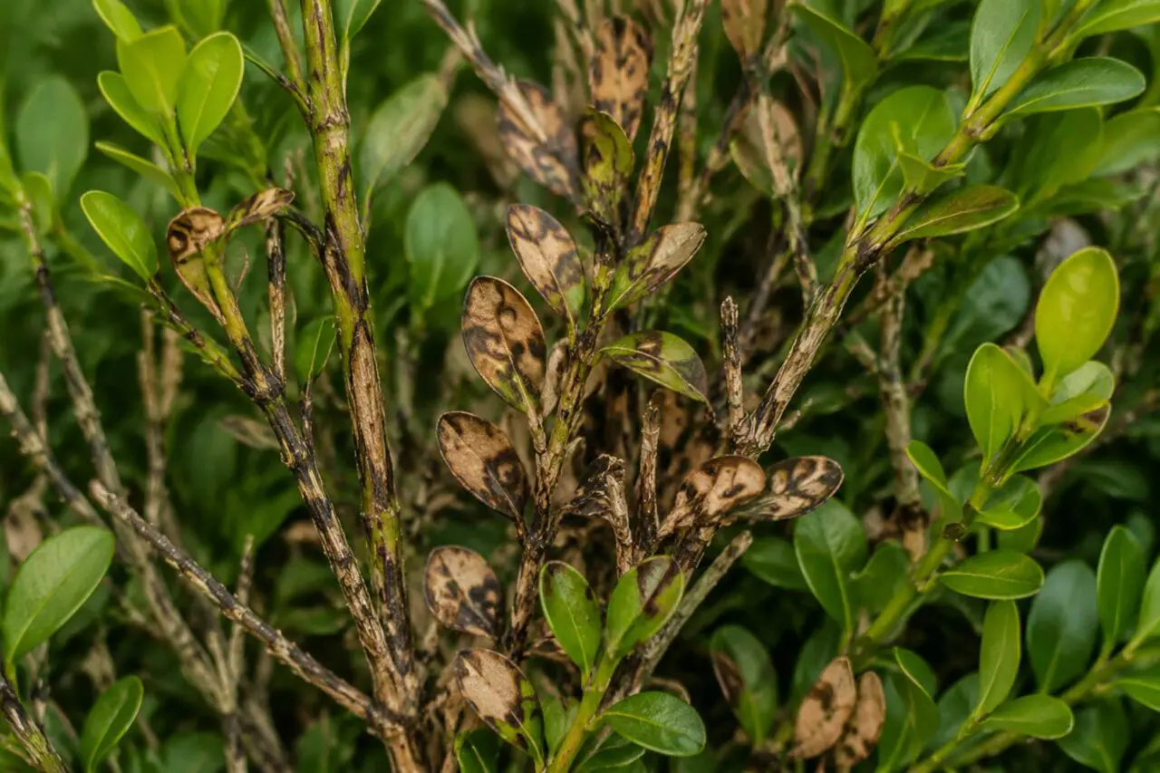 Belmont, MA - Close-up of boxwood blight showing brown leaf lesions, dark stem streaking, and damaged foliage.