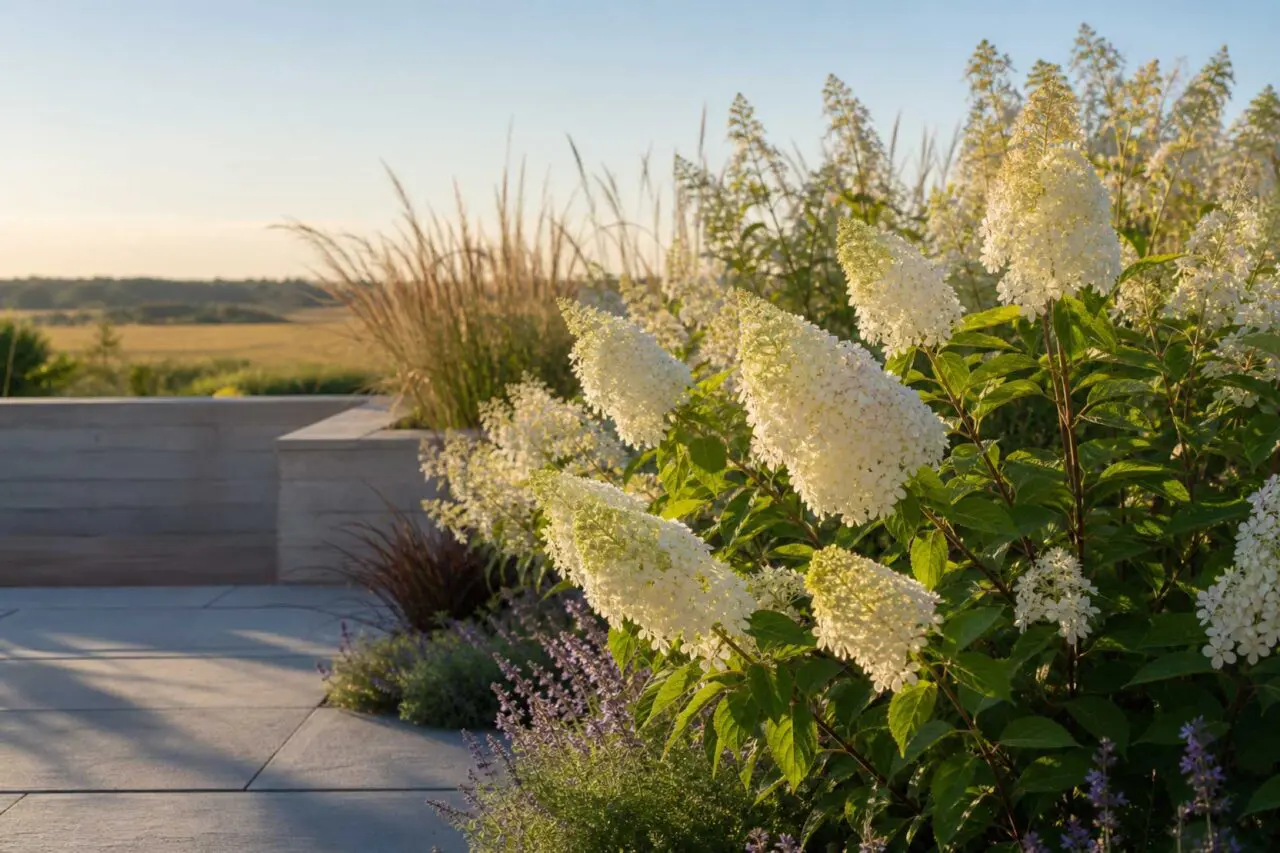 Harwichport, MA - Panicle hydrangeas: White, cone-shaped panicle hydrangea (Hydrangea paniculata) flowers rise above a sunny garden. They bloom on new wood and often age to pink or rose.