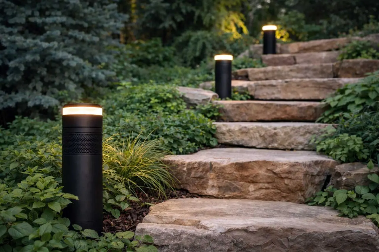 Integrated speaker and landscape lights line the natural stone steps, delivering rich outdoor audio while casting a warm, welcoming glow across the surrounding plantings.