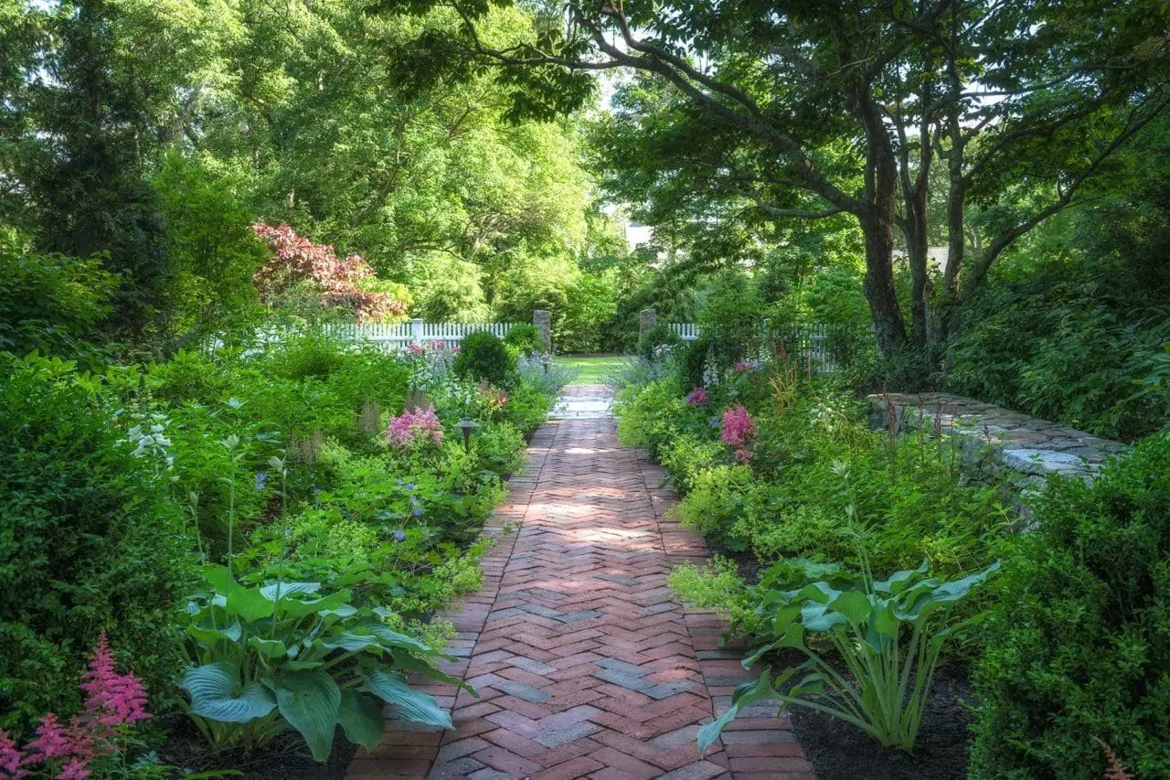 Lincoln, MA - Drifts of lush perennials flank the classic herringbone pattern walkway.