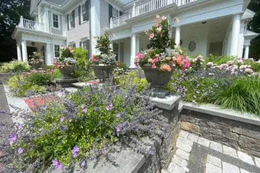 Grand stone urns filled with mixed annuals reinforce the formality of a summer garden while making seasonal color changes straightforward.