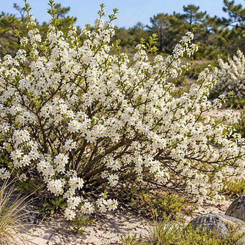 Beach Plum’s abundant white blossoms brighten a sandy garden setting, illustrating how native shrubs can bring seasonal interest to New England coastal planting designs.