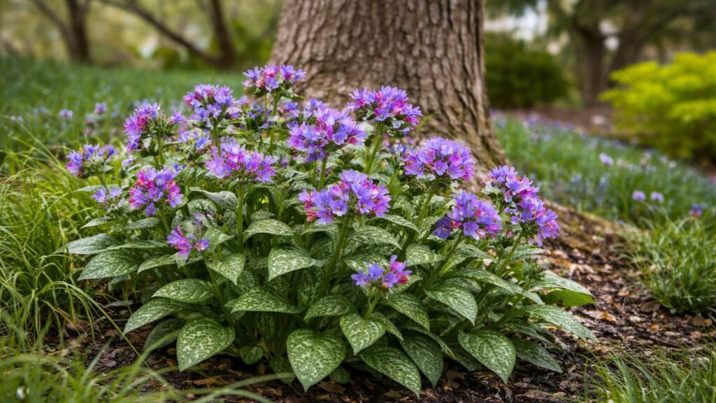 Lungwort (Pulmonaria) features softly speckled leaves covered in coarse hairs, a texture that helps deter deer and rabbits while adding early-season color to shaded garden beds.