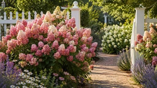 Pink and white panicle hydrangeas frame a brick garden path, complemented by perennials and a white picket fence in a lush summer landscape.