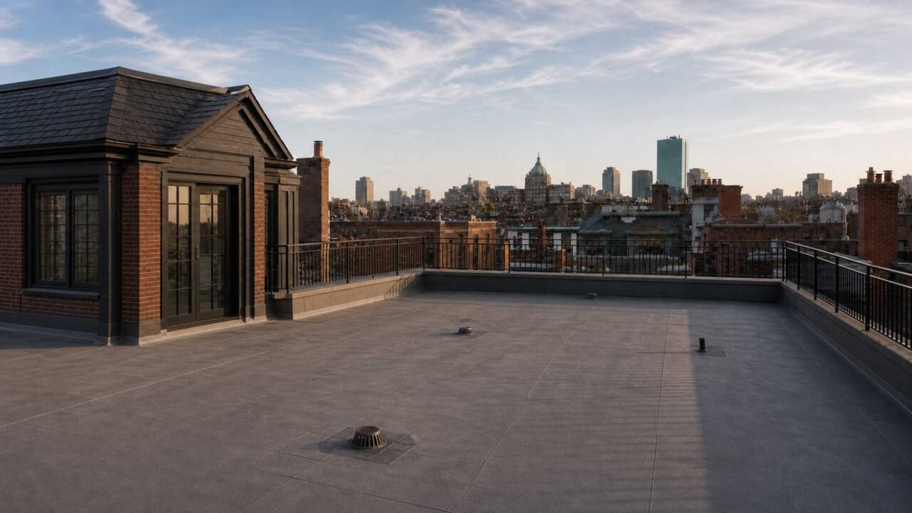 Boston, MA - The same rooftop before installation, showing a well-maintained but unused roof with open space and city views.