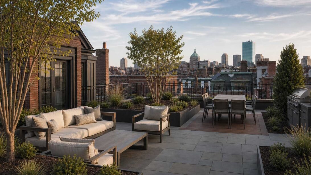 Boston, MA - A refined rooftop terrace pairs thoughtfully placed trees and plantings with comfortable lounge and dining areas, creating an elegant outdoor retreat with open skyline views.