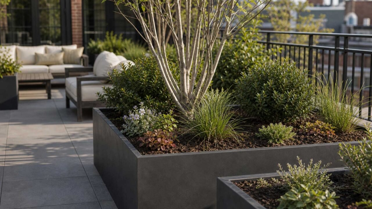 Boston, MA - A mix of small trees, evergreen shrubs, ornamental grasses, and seasonal perennials brings structure, texture, and resilience to contemporary planters on a Boston rooftop garden.