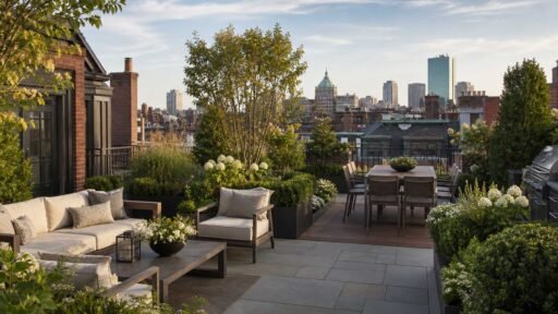 Boston, MA - An elegant urban rooftop terrace featuring layered gardens, comfortable lounge and dining areas, and sweeping views across the city.
