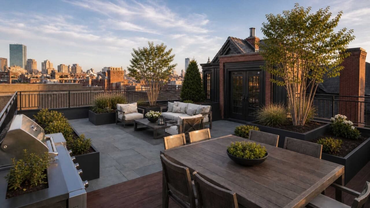 Boston, MA - A thoughtfully designed downtown rooftop terrace uses strategically placed trees and restrained planting to frame city views, create privacy, and define comfortable dining and lounge areas.