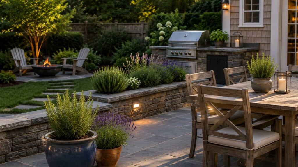 A lush backyard with a stone patio, pool, outdoor kitchen, fire feature, and layered planting designed for comfortable summer outdoor living.