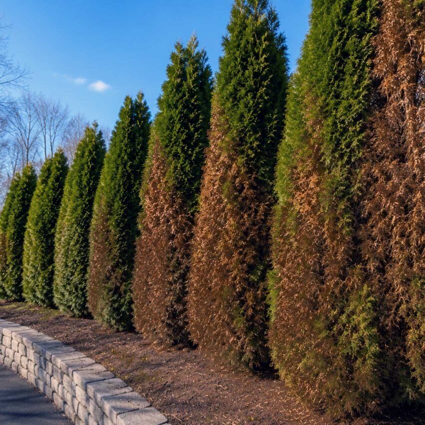 Wellesley, MA - Winter burn has caused extensive browning on the exposed sides of these arborvitae, where sun and wind increased moisture loss while frozen soil limited water uptake.