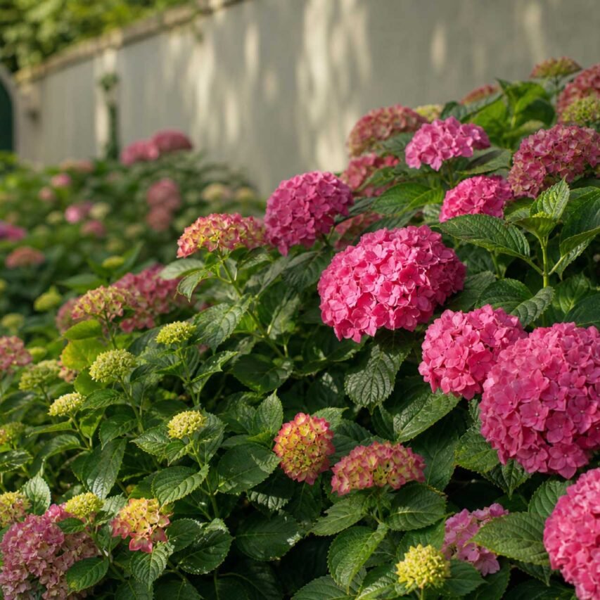 Sherborn, MA - Reblooming bigleaf hydrangeas: Pink reblooming bigleaf hydrangeas display flowers at several stages. These varieties can bloom on old and new wood, providing some protection against winter bud damage.