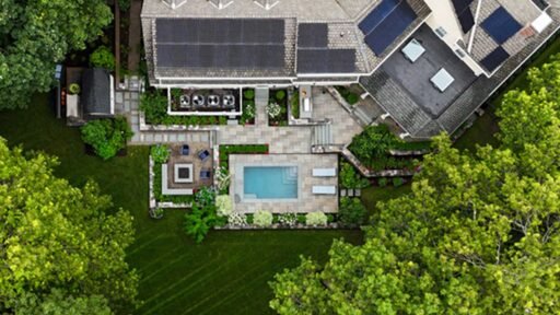 Wellesley, MA - From above, the full landscape plan reveals a carefully organized composition of pool terrace, fire feature, screened porch, and connecting garden spaces.