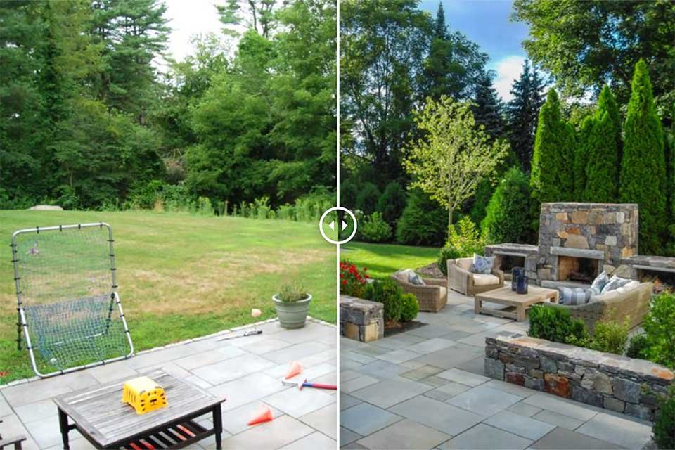 A Dover, Massachusetts property is transformed into an inviting outdoor living retreat with stone walls, comfortable gathering areas, and lush surrounding plantings.