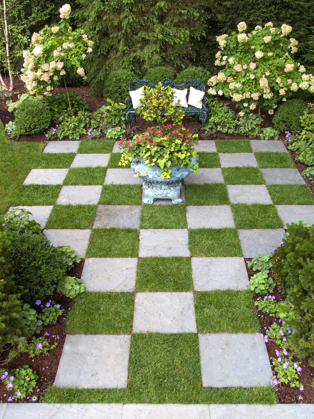 Belmont, MA - A converted antique fountain provides a focal point to a checker board nook.