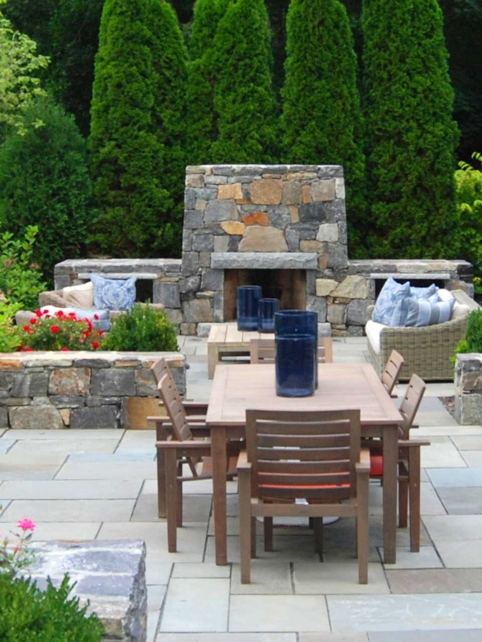 Dover, MA - Plants and stone combine to create a backyard retreat.