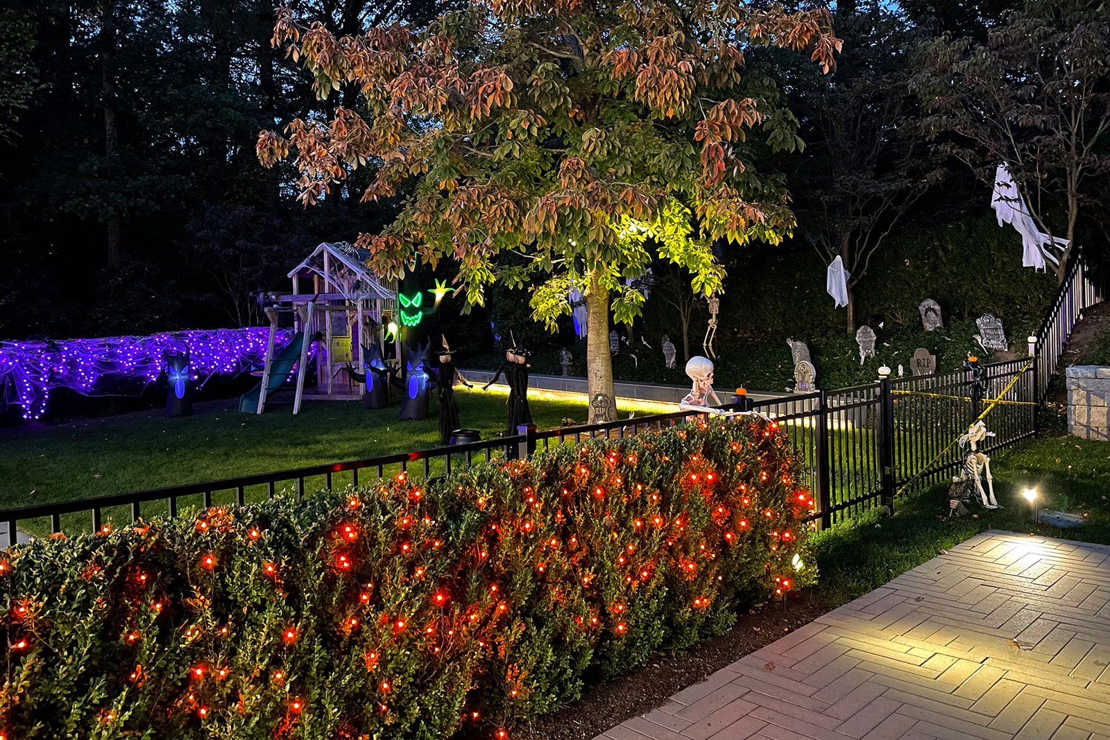 Newton, MA - A nighttime garden scene with illuminated skeletons creates bold Halloween drama, combining lighting, props, and planting areas for maximum seasonal wow factor.