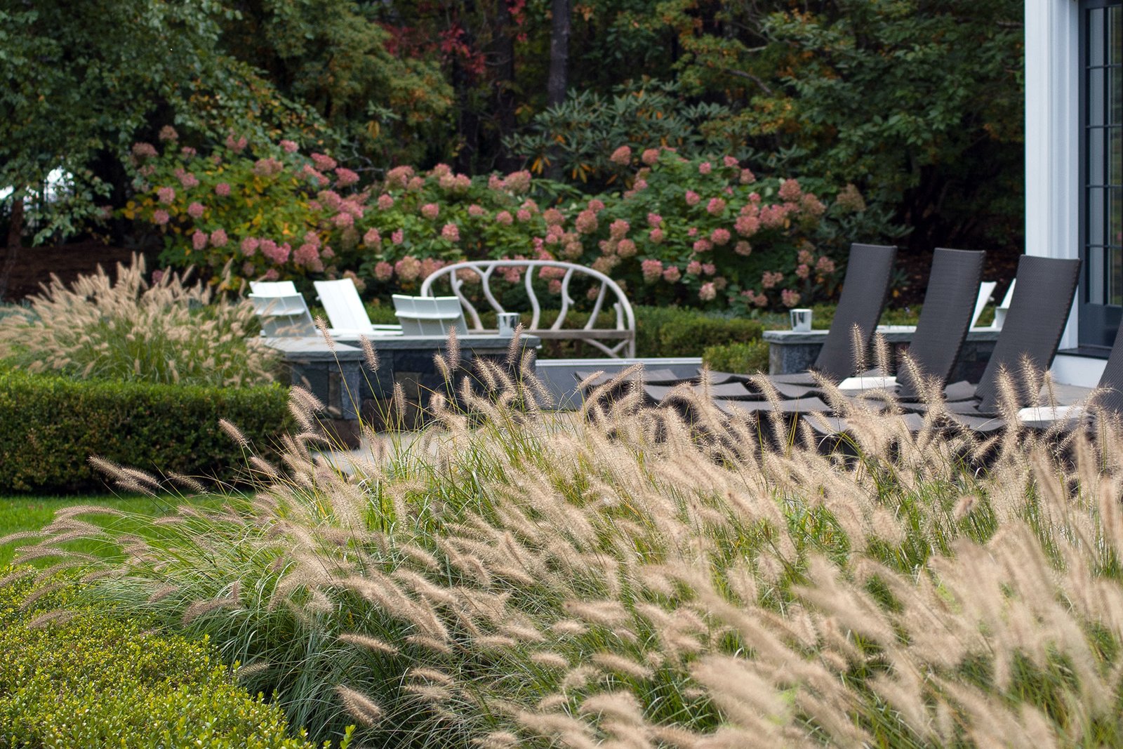 Low, flowing ornamental grasses frame this poolscape in Dover, softening stone edges while providing year-round structure with minimal maintenance.