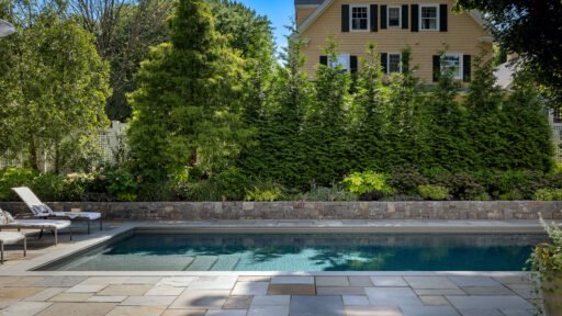 Arborvitae and ornamental trees shield the pool area from neighboring properties, improving comfort and visual separation.