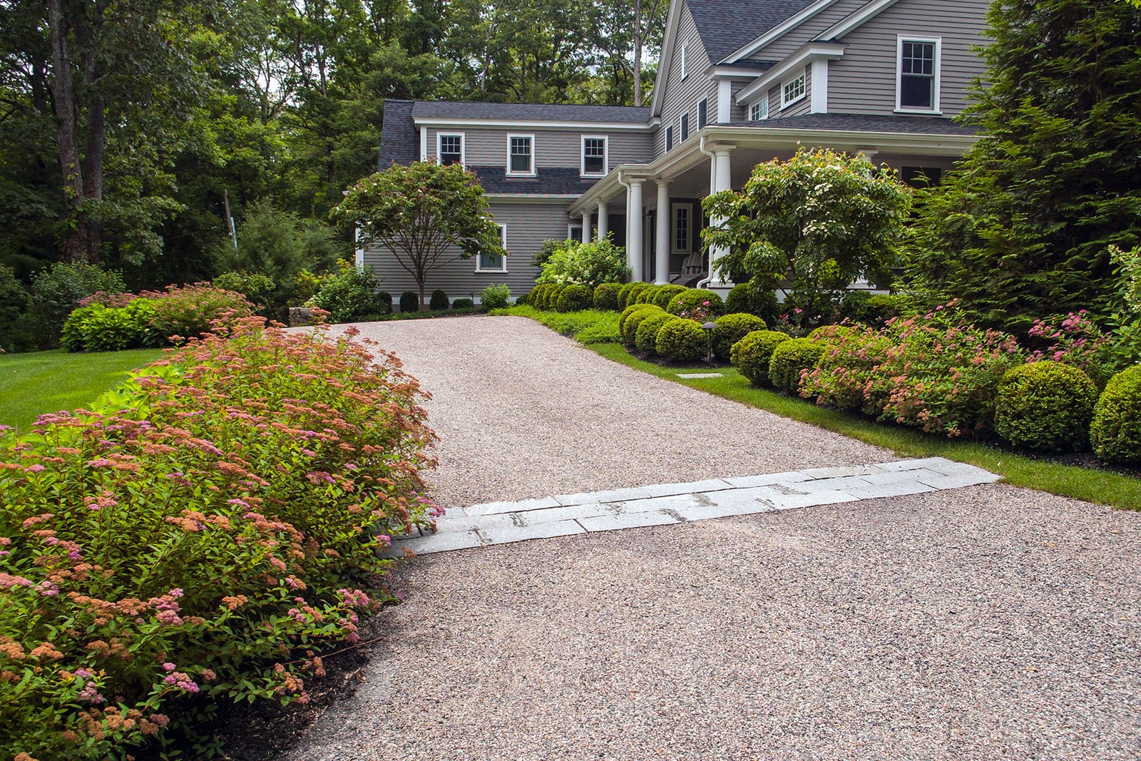 Layered foundation shrubs line this gravel driveway and colonial entry, softening hard edges while guiding arrival with year-round structure and seasonal interest.