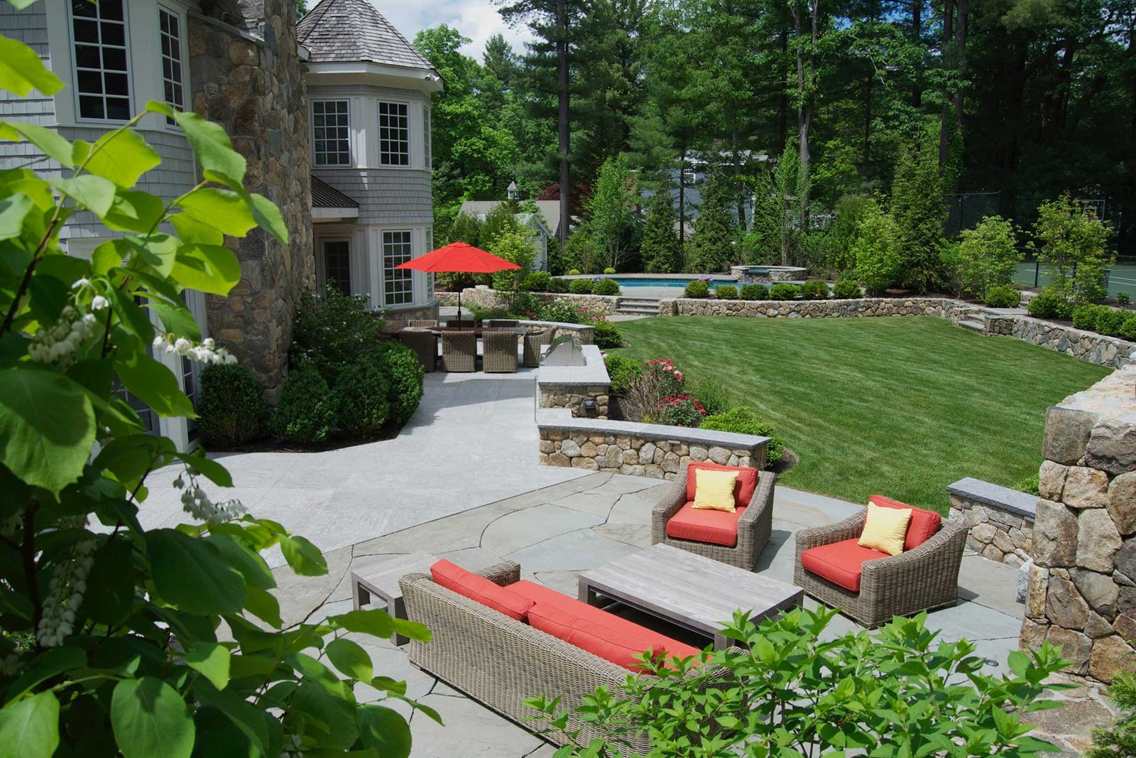 Wellesley renovated backyard with pool and stone terrace